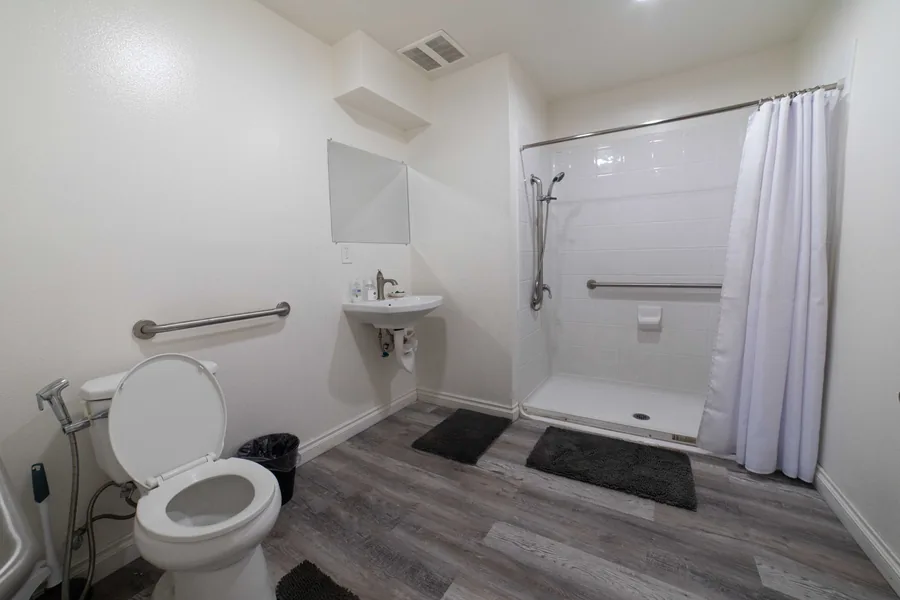 Ground floor bathroom at the West 42nd Street house with a roll in shower and grab bars at the shower and the toilet