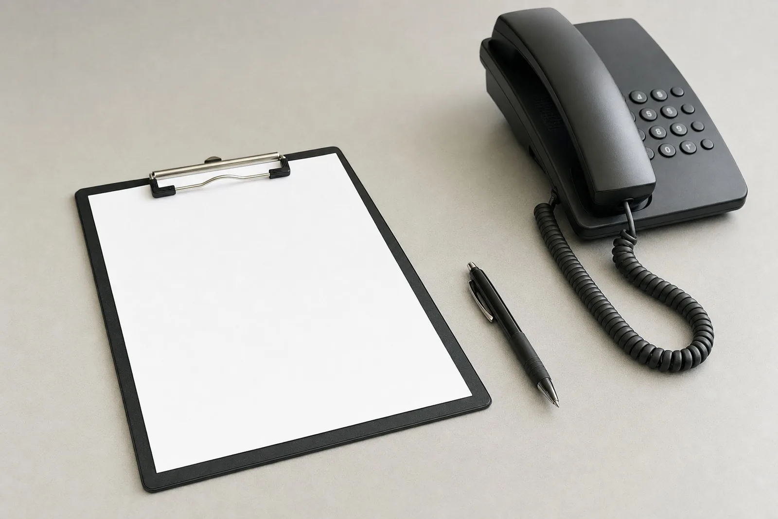 A clipboard with a blank sheet of paper, a pen and a desk telephone on a plain desk